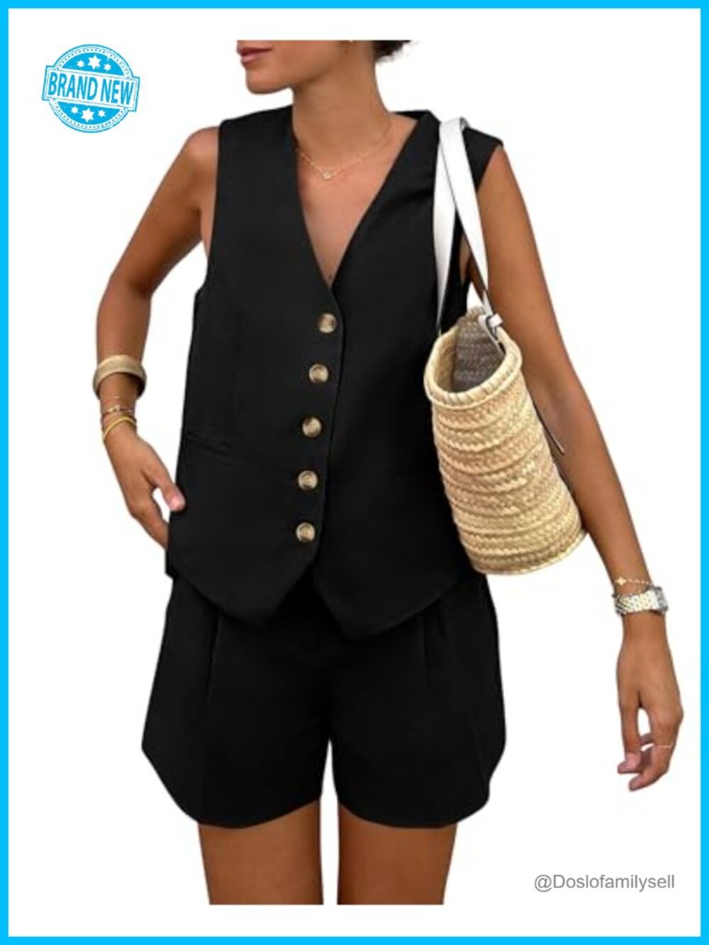 Womens Two Piece Outfit Sleeveless Button Tank Top High Waisted Shorts Set